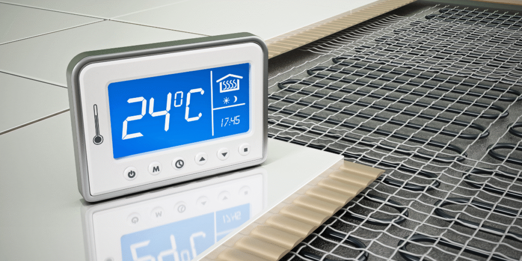 Digital thermostat set to 24°C during a heatwave, showing ideal AC temperature tips for homeowners on the Gold Coast. AC temperature during heatwave – air conditioning Gold Coast.