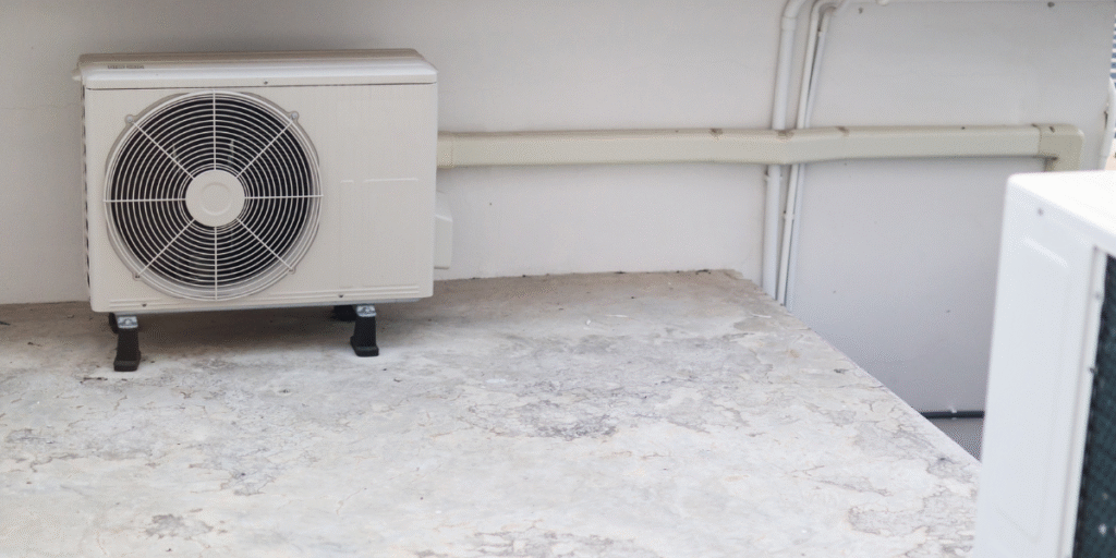Single outdoor air conditioner unit placed on an elevated surface indoors, used to demonstrate safe installation when rain can get into the outdoor air conditioner unit – air conditioning Gold Coast.