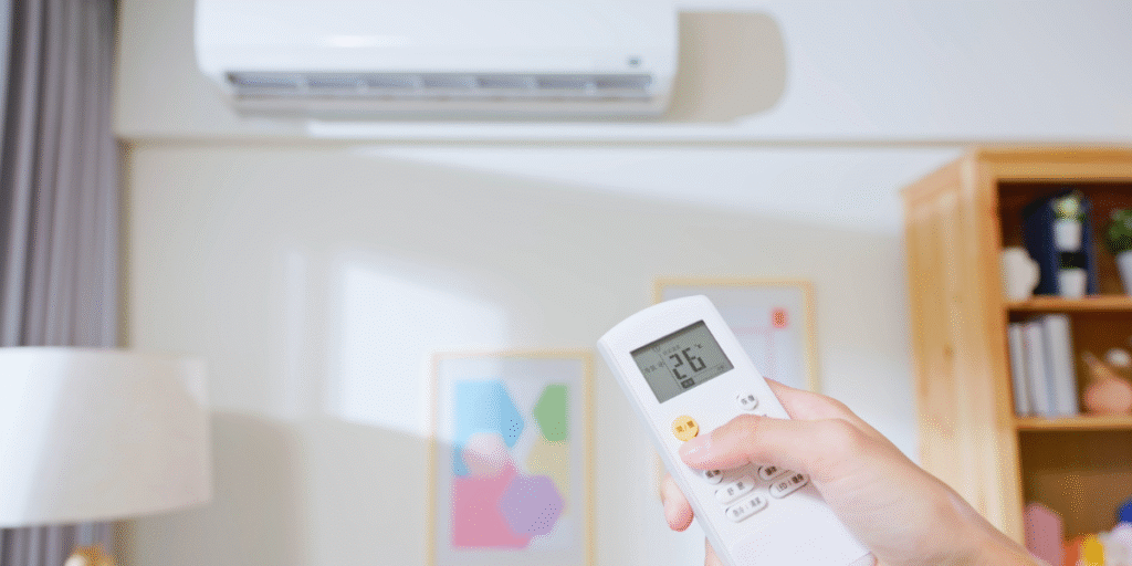 A person adjusting the remote to 26°C while the air conditioner runs above, showing how homeowners leave your air conditioner all day for consistent comfort, supported by air conditioning Gold Coast experts.