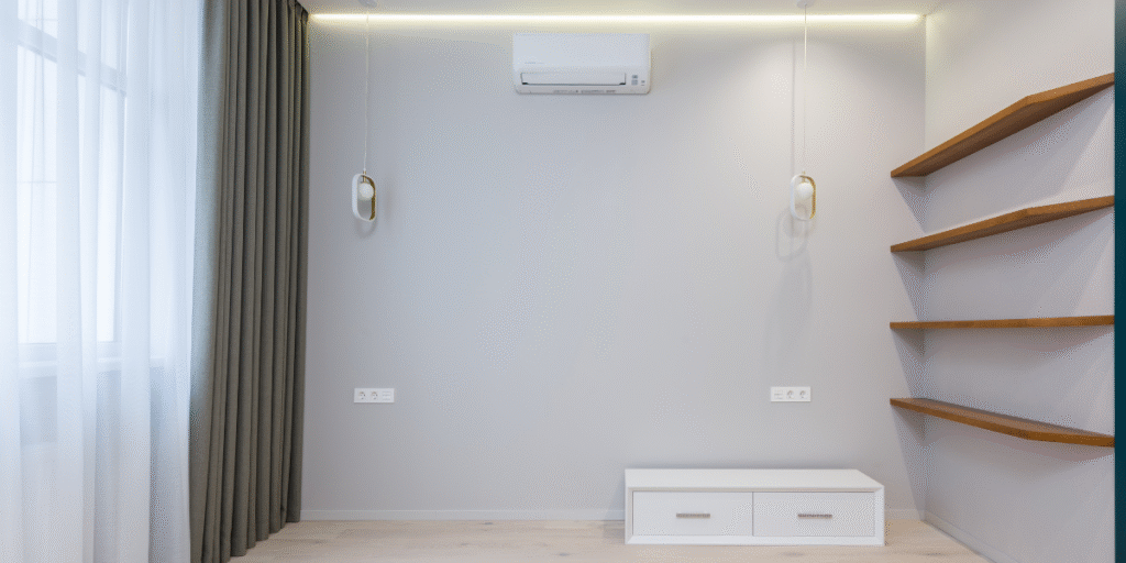 Indoor split system helping homeowners run AC during the heat wave, showing efficient cooling setup supported by air conditioning Gold Coast experts.