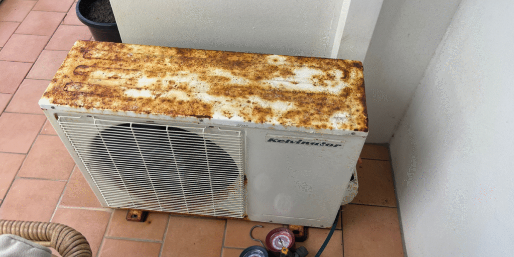 Rusty outdoor air conditioner unit on a balcony, showing top surface corrosion and aged paint damage common in air conditioning Gold Coast coastal homes.