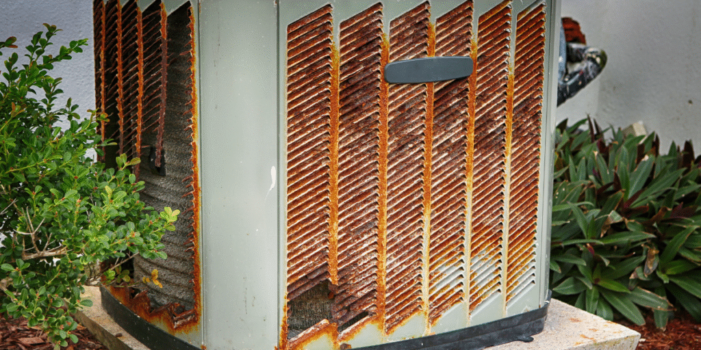 Severely rusty outdoor air conditioner unit with corroded fins and metal casing, highlighting the effects of coastal weather on air conditioning Gold Coast equipment.