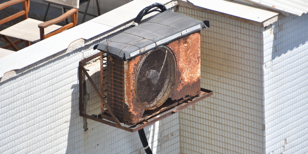 Old rusty outdoor air conditioner unit mounted on a wall, heavily corroded from years of exposure to sea air and rain in air conditioning Gold Coast environments.