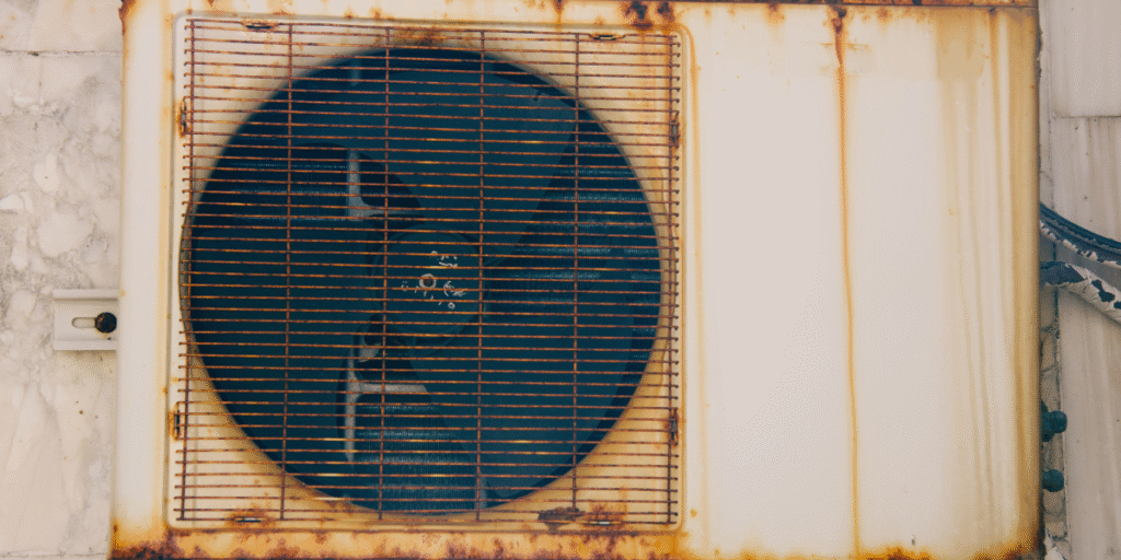 Close-up of a rusty outdoor air conditioner unit fan cover, showing oxidation and rust stains that affect cooling performance in air conditioning Gold Coast systems.