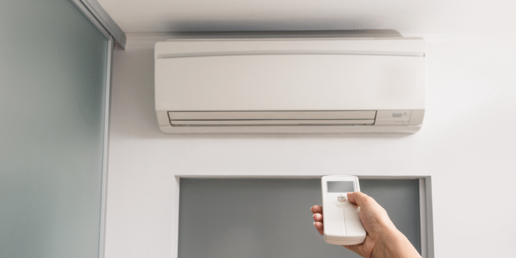 A person pointing an AC remote at a wall-mounted unit, highlighting a thermostat change on its own issue in an air conditioning Gold Coast system.