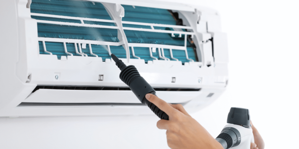 DEEPCHILL Hydro Clean process using specialised equipment to deep clean indoor AC coils, improving performance and hygiene for air conditioning Gold Coast homes, residential air conditioning Gold Coast units, and commercial air conditioning Gold Coast systems.