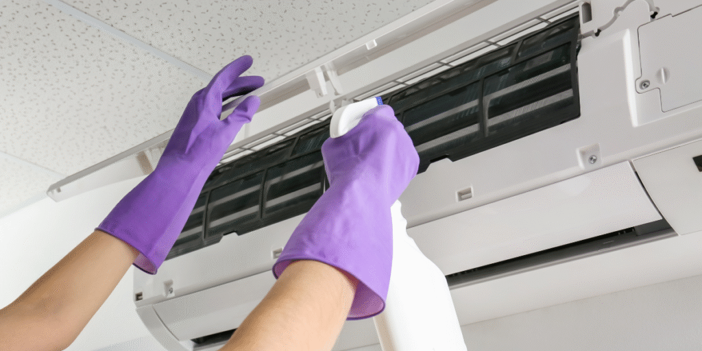 Hydro Clean in DEEPCHILL service for residential air conditioning Gold Coast, with technicians deep cleaning filters and internal components to improve airflow and indoor air quality.