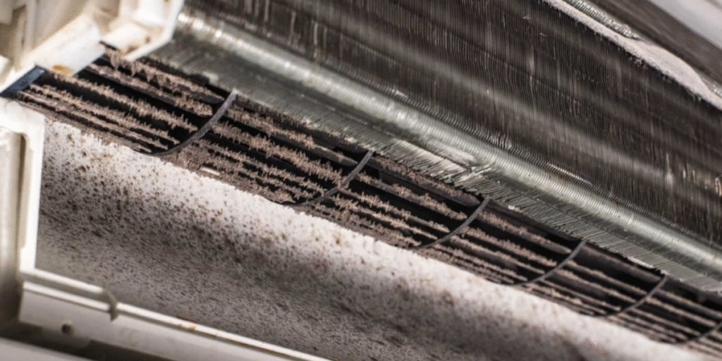 Internal view of a split system showing severe black mould and grime infestation on the blower wheel, requiring professional commercial air conditioning Gold Coast cleaning.