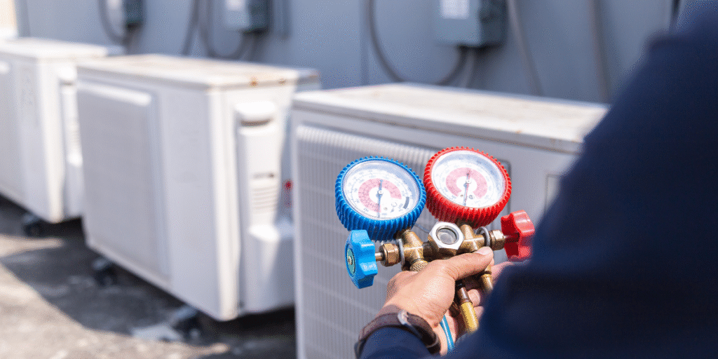 Technician checking an outdoor AC unit without connect gauges during preventative maintenance, a safe practice for air conditioning Gold Coast systems.