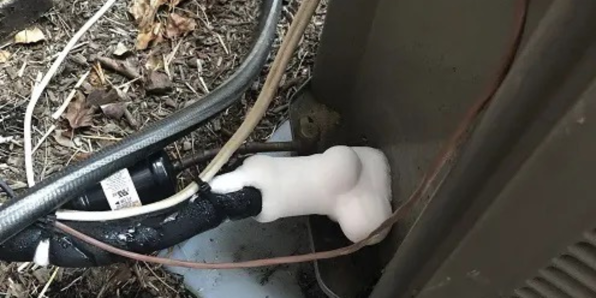 Frozen copper pipe at the AC outdoor unit with heavy ice formation, a sign of low refrigerant or airflow problems in air conditioning Gold Coast.