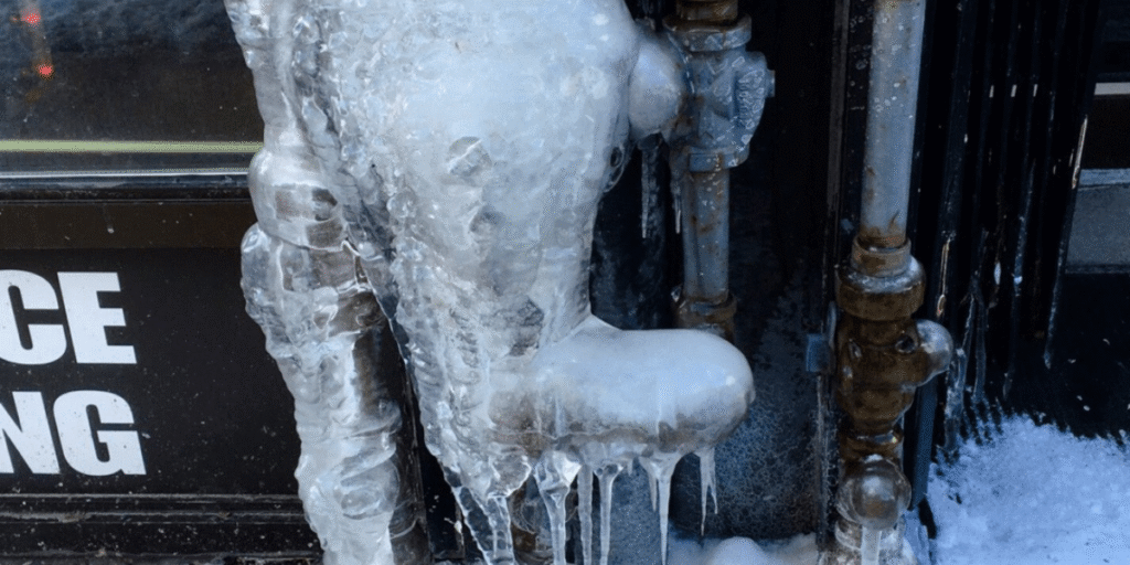 Severely frozen copper and metal pipes covered in thick ice, indicating extreme cooling failure linked to air conditioning Gold Coast systems.