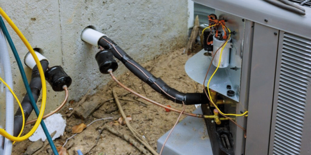 AC installation showing copper pipe freezing and insulation issues near outdoor unit, a common repair need for air conditioning Gold Coast homes.