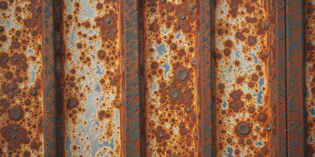 Close-up of severe metal corrosion on an air conditioning surface, showing the importance of prevent rust solutions for air conditioning Gold Coast equipment.