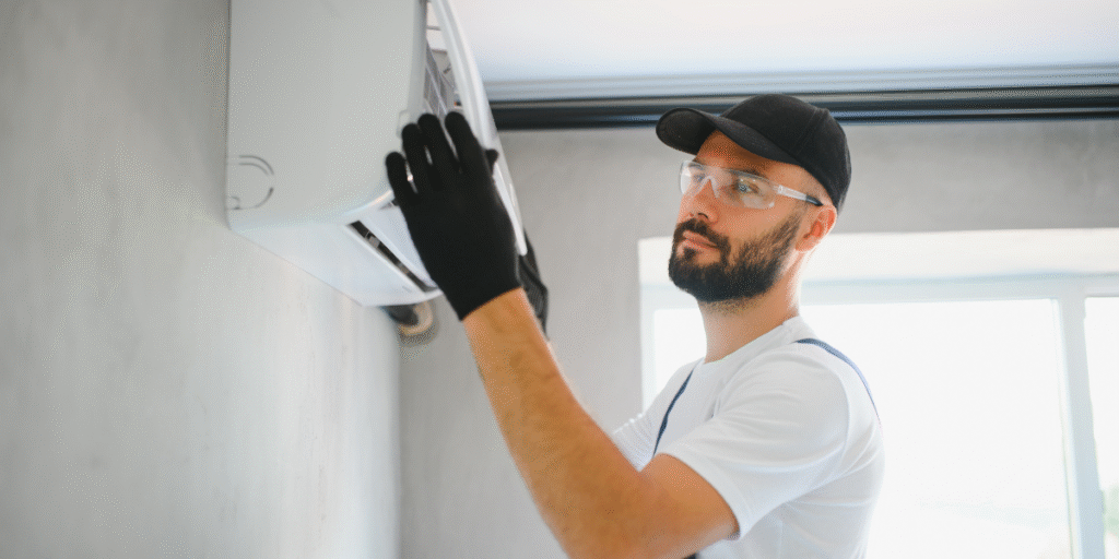 Preventative maintenance before Christmas & New Year for residential air conditioning Gold Coast, with a technician inspecting the indoor unit to ensure reliable holiday cooling.