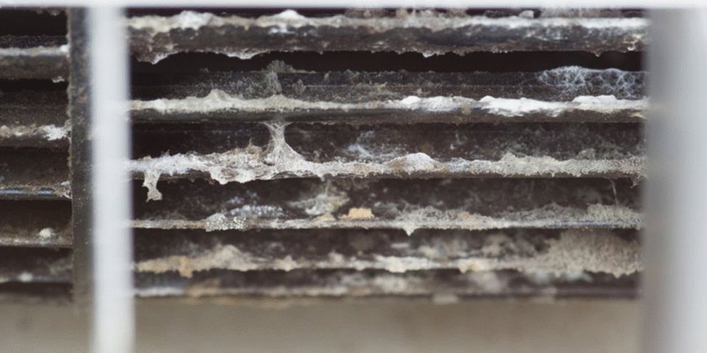 Detailed view to spot mold on air conditioner cooling fins caused by moisture and dust, often found in residential air conditioning Gold Coast and commercial air conditioning Gold Coast environments.