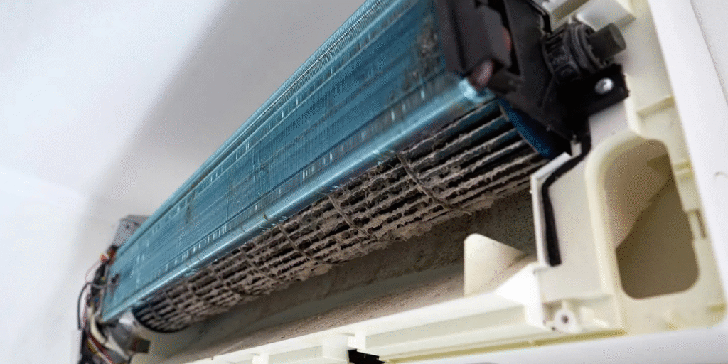 Mould buildup on a dirty indoor AC barrel fan, showing severe dust and contamination inside an air conditioning Gold Coast unit used in both residential air conditioning Gold Coast and commercial air conditioning Gold Coast.