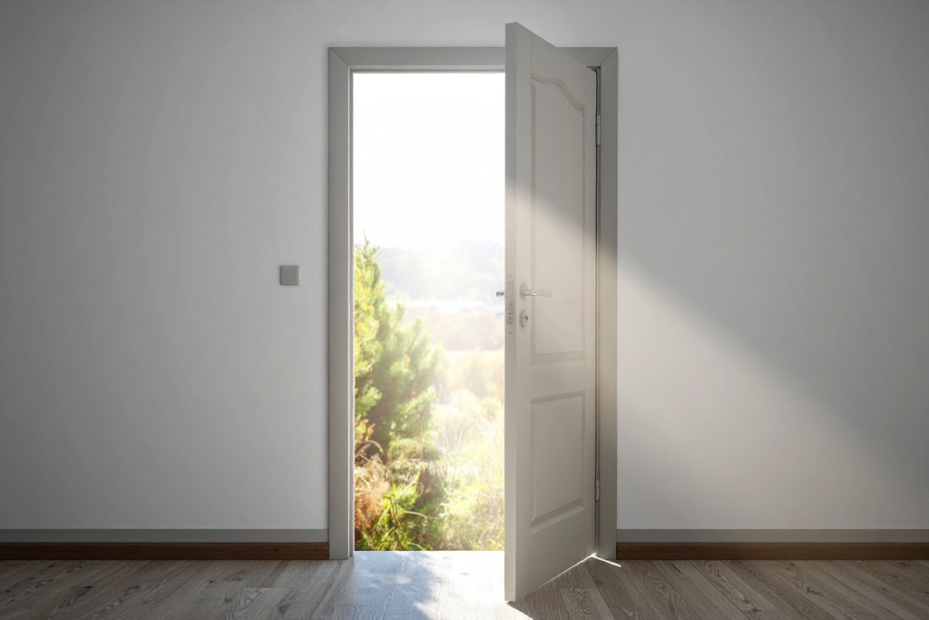 An open door allowing sunlight and outdoor heat to enter, showing why you should keep all doors closed when running air conditioning in summer at home.