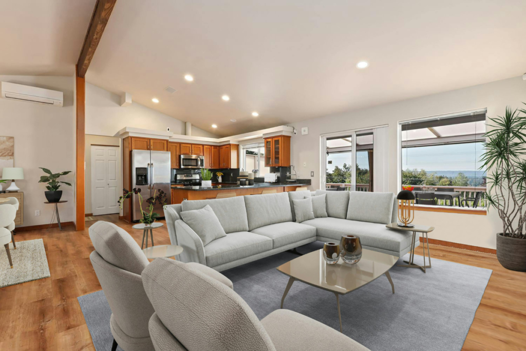 Modern living room with air conditioning and closed indoor space, showing why keeping doors closed helps air conditioning Gold Coast homes cool evenly.