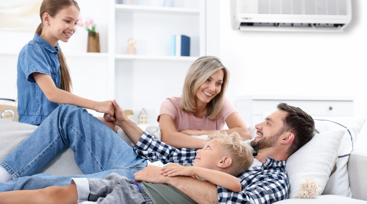 Air conditioning in autumn helping a Gold Coast family stay comfortable indoors during cooler evenings, answering the question: do you still need air conditioning in autumn on the Gold Coast?