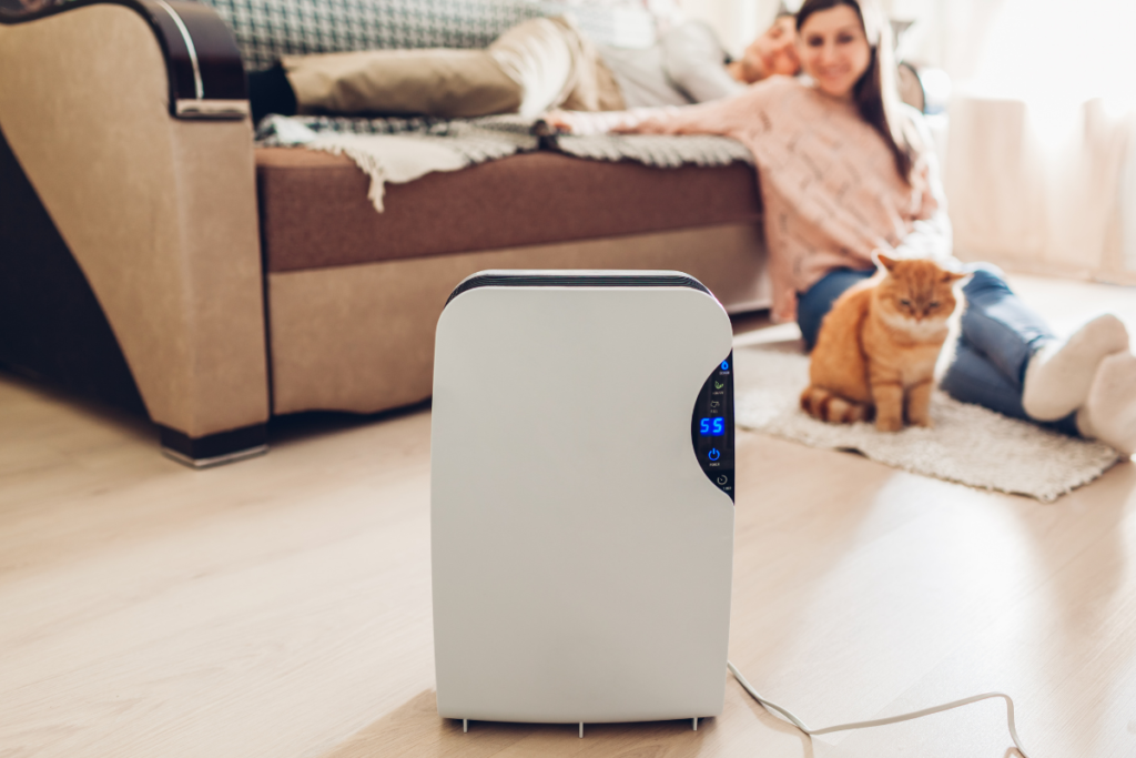 A portable dehumidifier stands in a home living area with a couple and a cat in the background, illustrating scenarios when homeowners need a dehumidifier for extra humidity control beyond typical Gold Coast air conditioning.