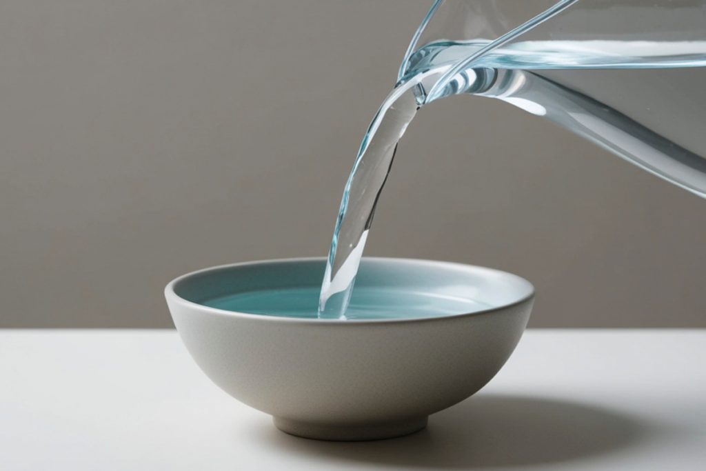 Hand pouring clear water from a glass pitcher into a simple beige ceramic bowl on a plain table. This image visually represents the common, but ineffective, practice of placing a bowl of water in a room, relating directly to the question 'Why should we keep a bowl of water in an AC room?'.
