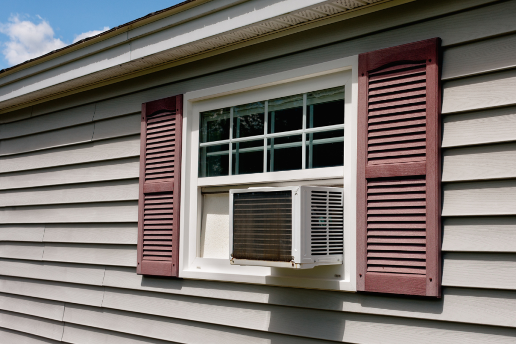 A window-mounted unit on a house exterior, providing residential air conditioning Gold Coast solutions with a built-in aircon dehumidify function.