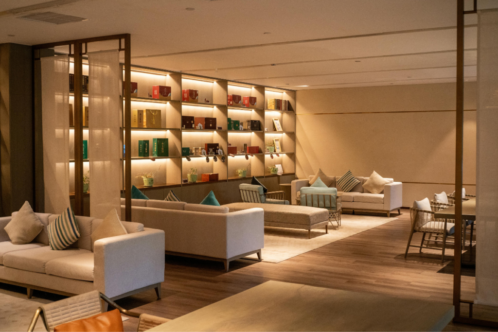 Modern hotel lounge with integrated climate control and comfortable seating, highlighting hotel air conditioning services, commercial AC maintenance, and reliable commercial HVAC contractor Gold Coast expertise for hospitality environments.