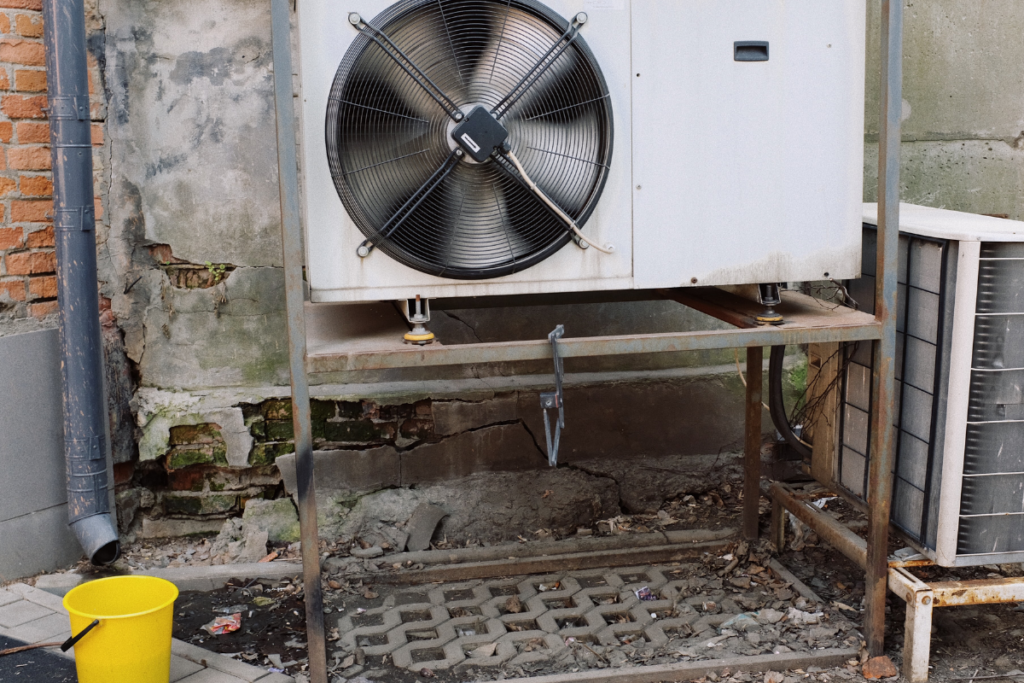 Industrial outdoor HVAC unit with a large spinning fan blade next to a brick wall, an essential commercial setup that needs proactive ac maintenance in gold coast to prevent sudden white steam or failures.