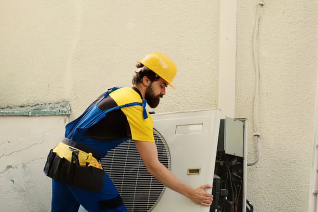 Technician replacing an outdoor air conditioning unit as part of a ducted air conditioning installation Gold Coast project, helping homeowners replace old air conditioner systems with modern energy-efficient solutions.