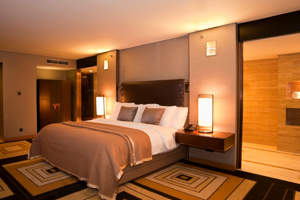 Commercial air conditioning design Gold Coast featuring concealed ducted cooling in a luxury hotel suite