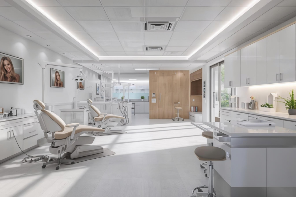 Wide view of a modern facility showcasing premium new medical practice air conditioning installation and comprehensive commercial air conditioning design Gold Coast.
