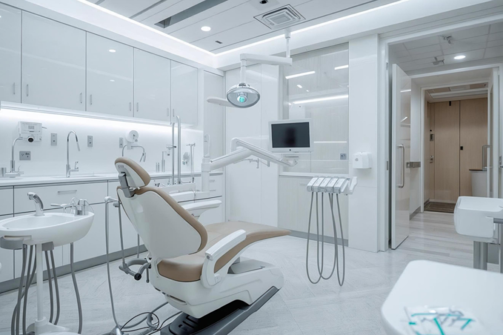 Modern dental clinic interior showing professional new medical practice air conditioning installation with integrated ceiling vents for healthcare HVAC installation.