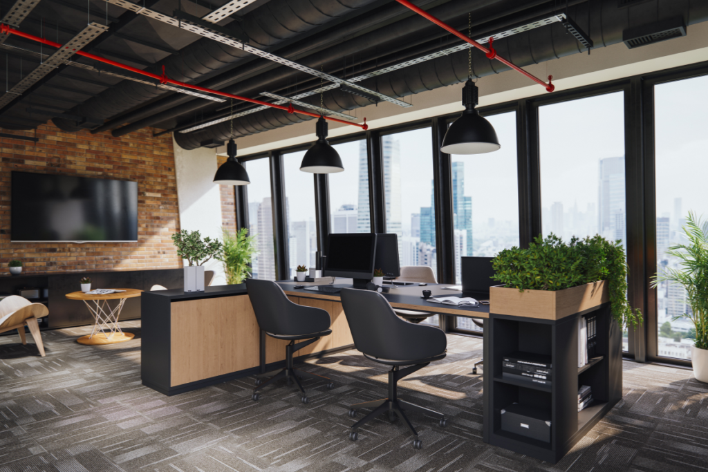 An industrial-style chic office with exposed brick and black ductwork, representing a complete commercial air conditioning installation gold coast package for an EOFY equipment upgrade.