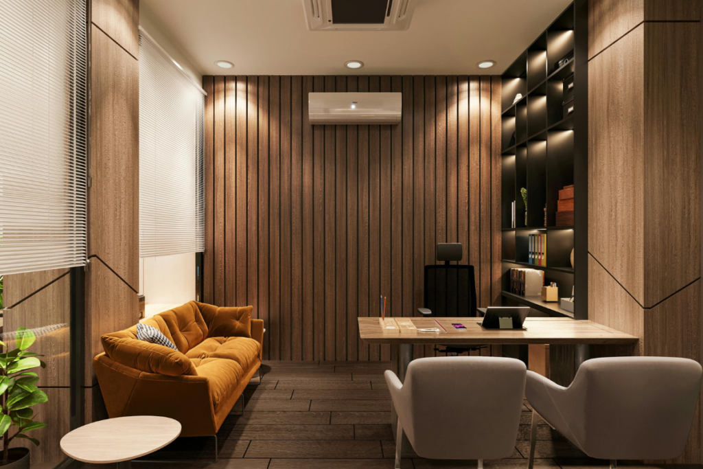 A luxury private executive office with vertical timber walls and a wall-mounted split system installed via a commercial air conditioning installation gold coast service from a GENERAL Fujitsu authorised dealer.