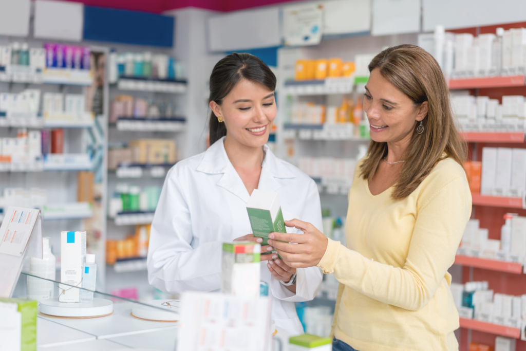 Pharmacist assisting a customer in a comfortable, air-conditioned pharmacy on the Gold Coast