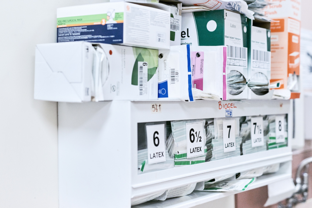 Medical supplies stored on labelled shelves with proper healthcare HVAC climate control