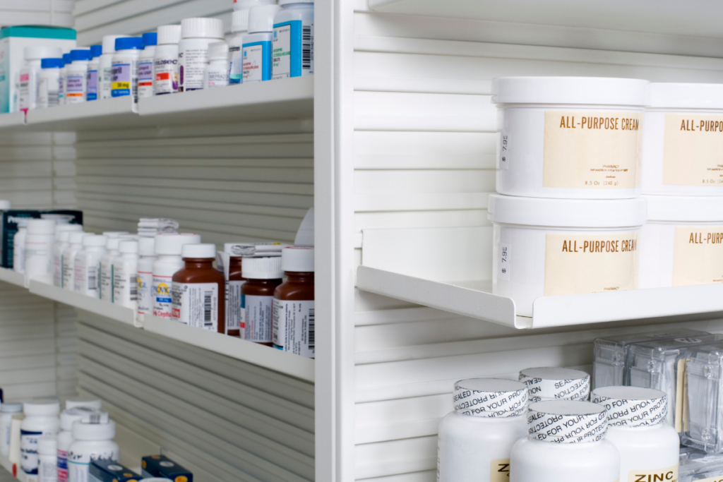 Pharmacy shelves needing stable temperature from professional pharmacy air conditioning installation Gold Coast