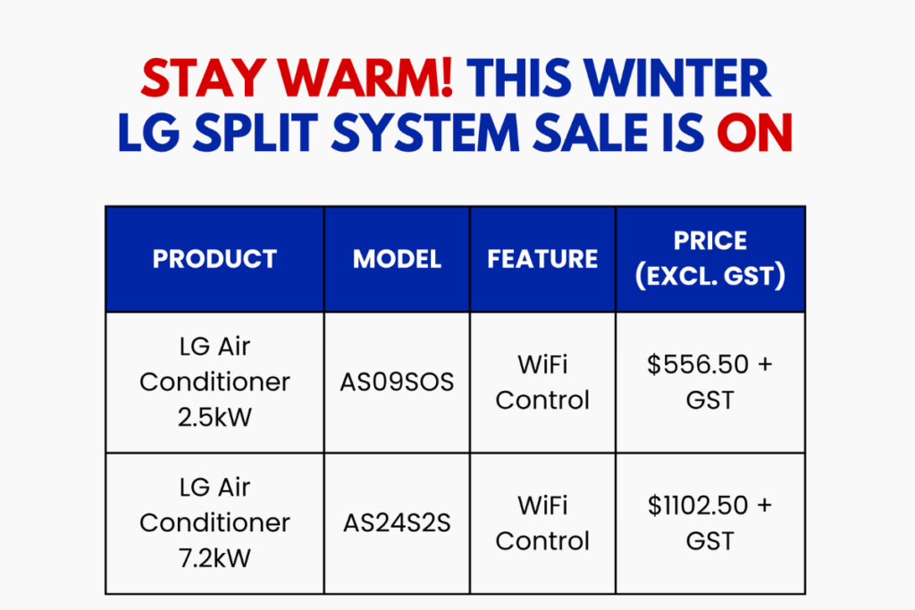 LG split system sale table with 2.5kW and 7.2kW WiFi models from DEEPCHILL air conditioning Gold Coast