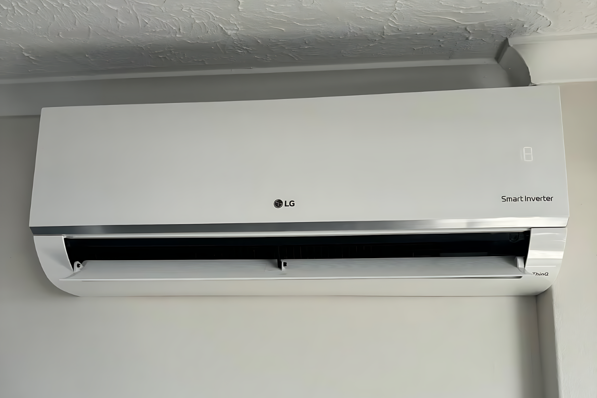 Close-up of a white LG Smart Inverter ThinQ split system on the wall, a strong pick for the best air conditioner for home comfort.