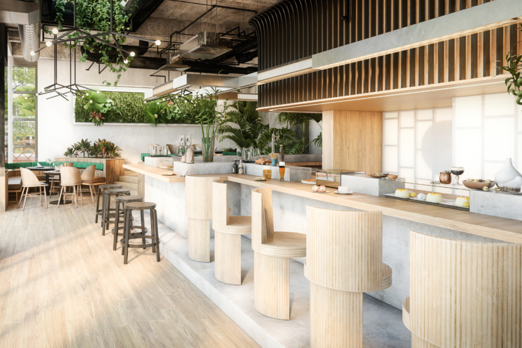 Cafes air conditioning installation Gold Coast: bright, plant-filled café bar with ducted ceiling vents