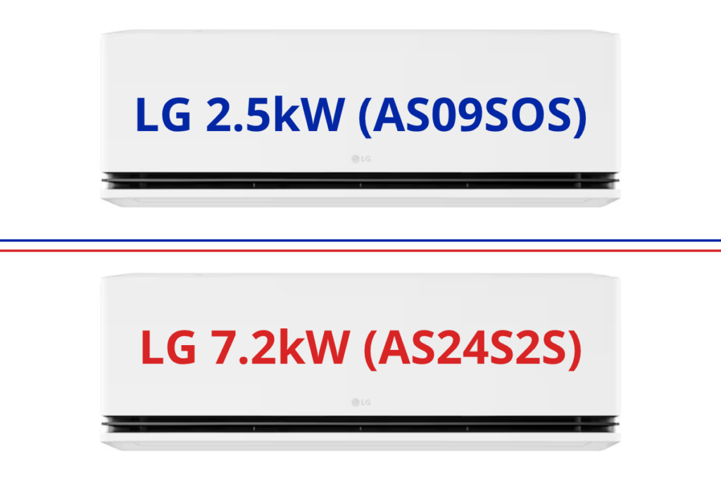 LG 2.5kW vs 7.2kW split system size comparison — air conditioning Gold Coast at DEEPCHILL