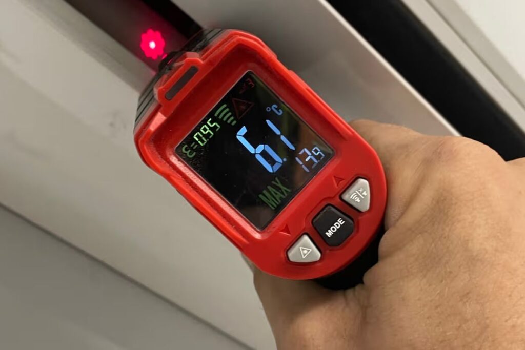 Infrared thermometer checking vent temperature to see if an air conditioner is low on gas and not cooling in Gold Coast