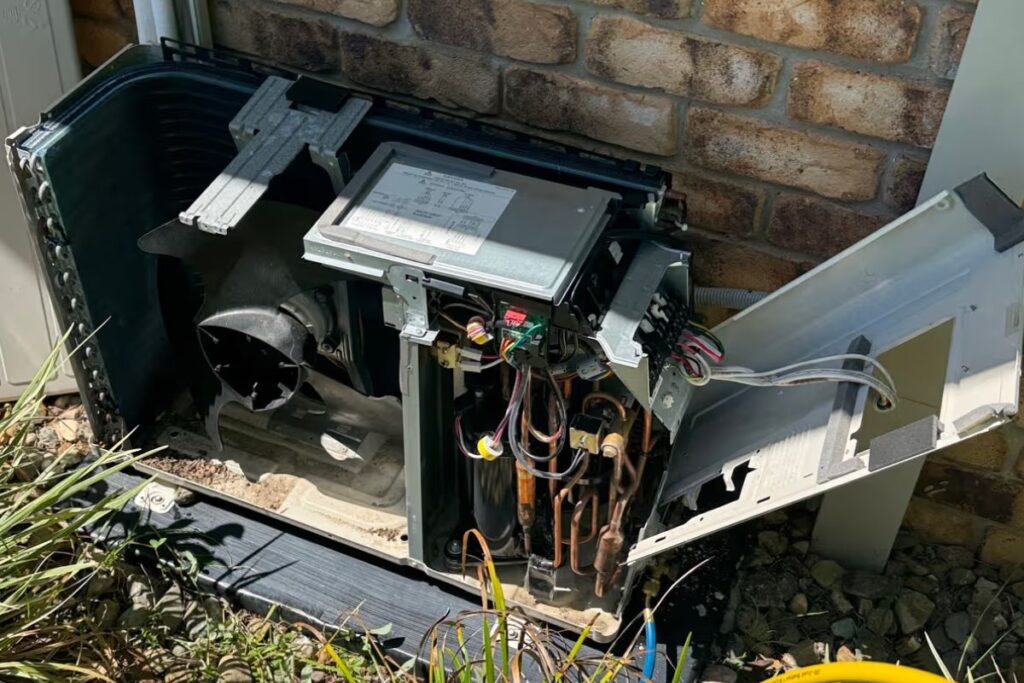 Technician doing emergency air conditioning repair Gold Coast on an outdoor unit after a burning smell