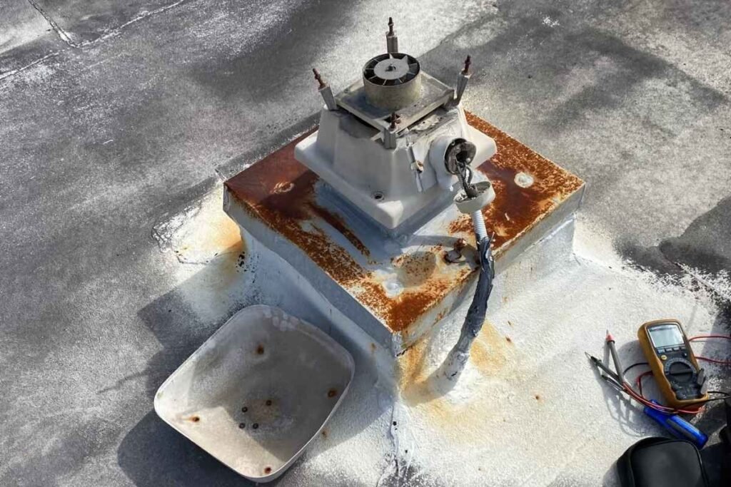 Multimeter testing a rusted rooftop unit during air conditioning service on the Gold Coast in rust season