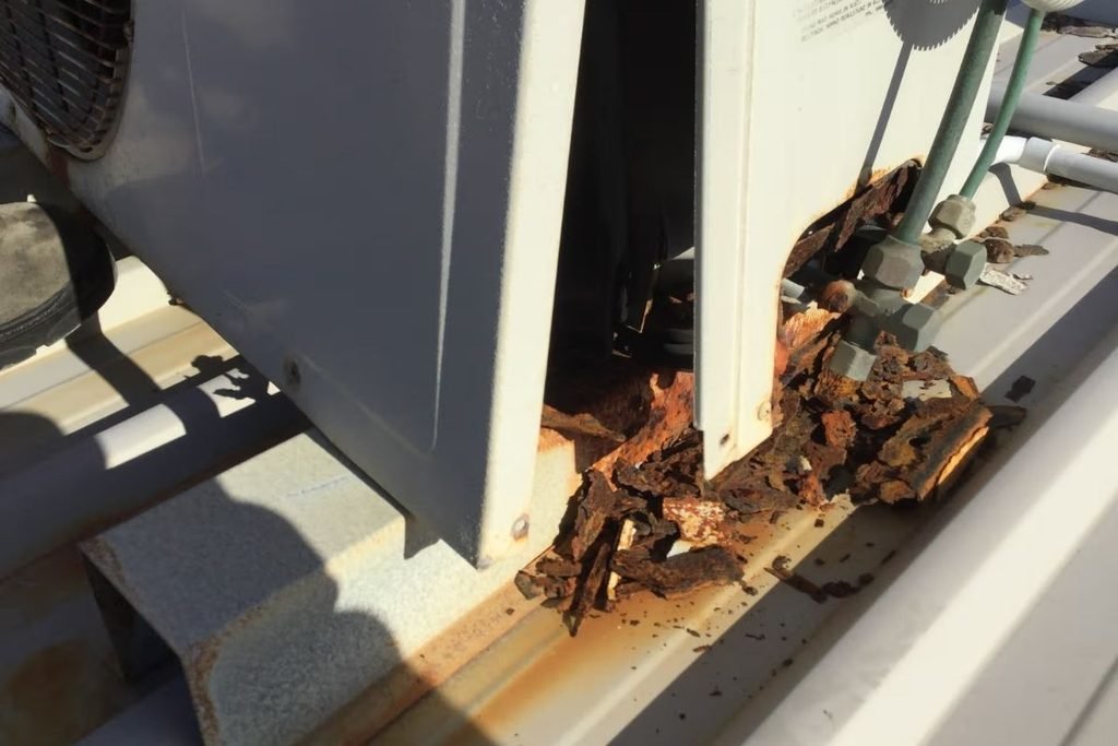 Rusted aircon on the Gold Coast with a flaking, corroded base falling apart — likely a new air conditioner job
