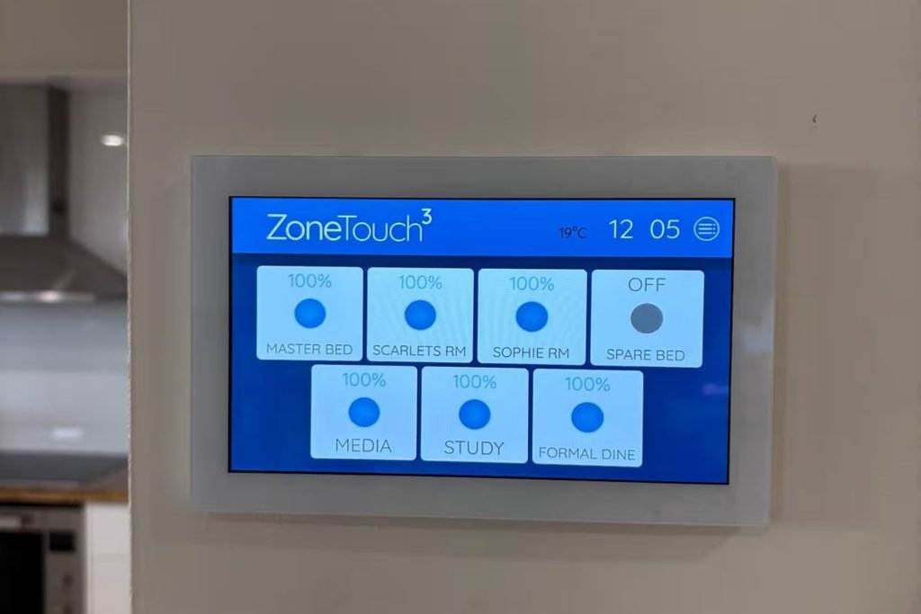 ZoneTouch 3 zoning screen showing rooms turned on and off in a ducted air conditioning system