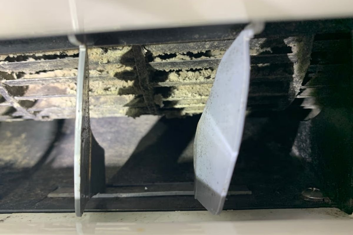 Clogged coil fins restricting airflow, a common air conditioning Gold Coast maintenance problem