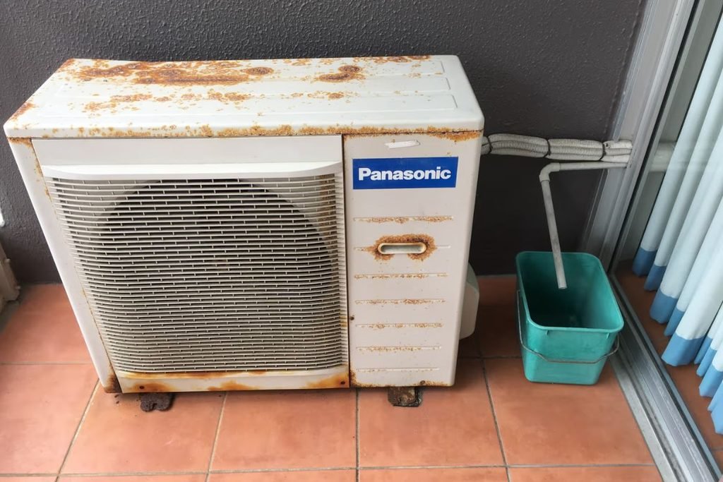 Rusted outdoor air conditioner on a Gold Coast balcony, showing salt air damage before a pre-summer air conditioning service