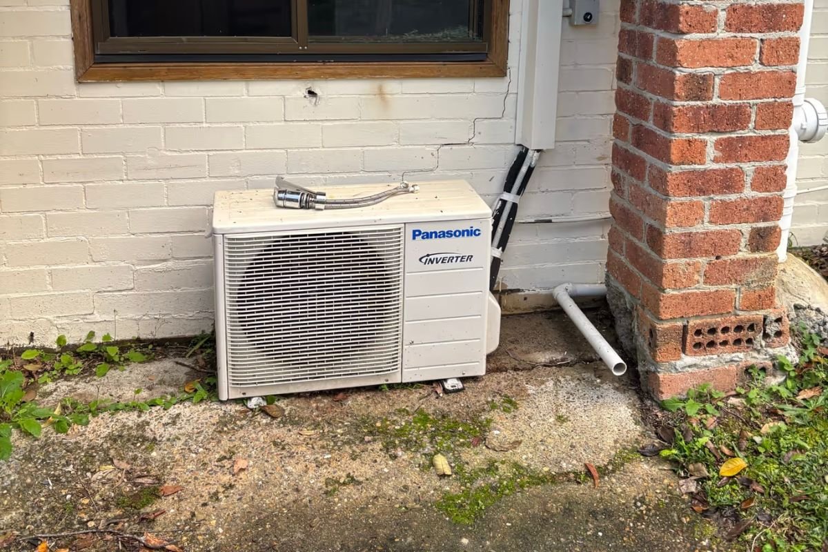 Ground-level outdoor unit surrounded by weeds and leaves that need clearing before an aircon service