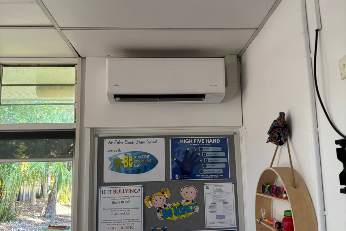 Fujitsu split system in a Palm Beach classroom, providing reliable air conditioning on the Gold Coast during spring temperature swings